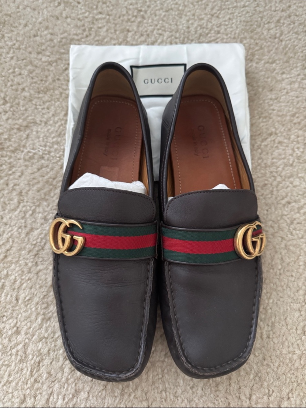 Gucci Brown Leather Loafers with Green-Red Web and Gold GG